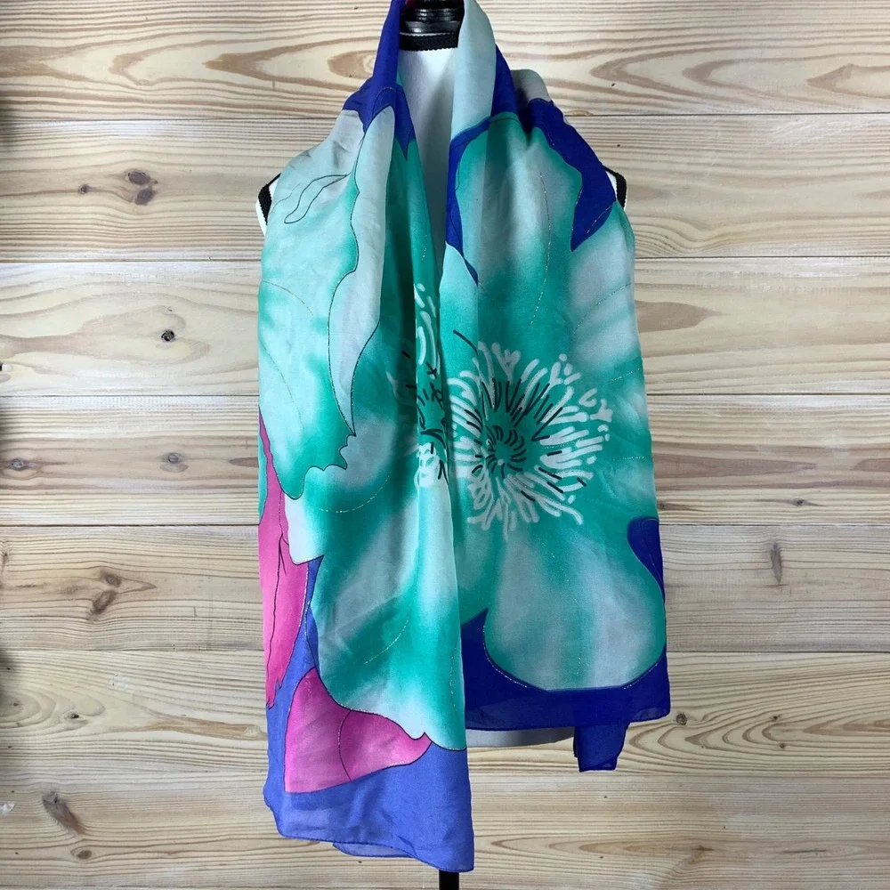 Moda Italy Scarf Womens OS Purple Teal Floral Chiffon‎ Gold Metallic Trim Shawl